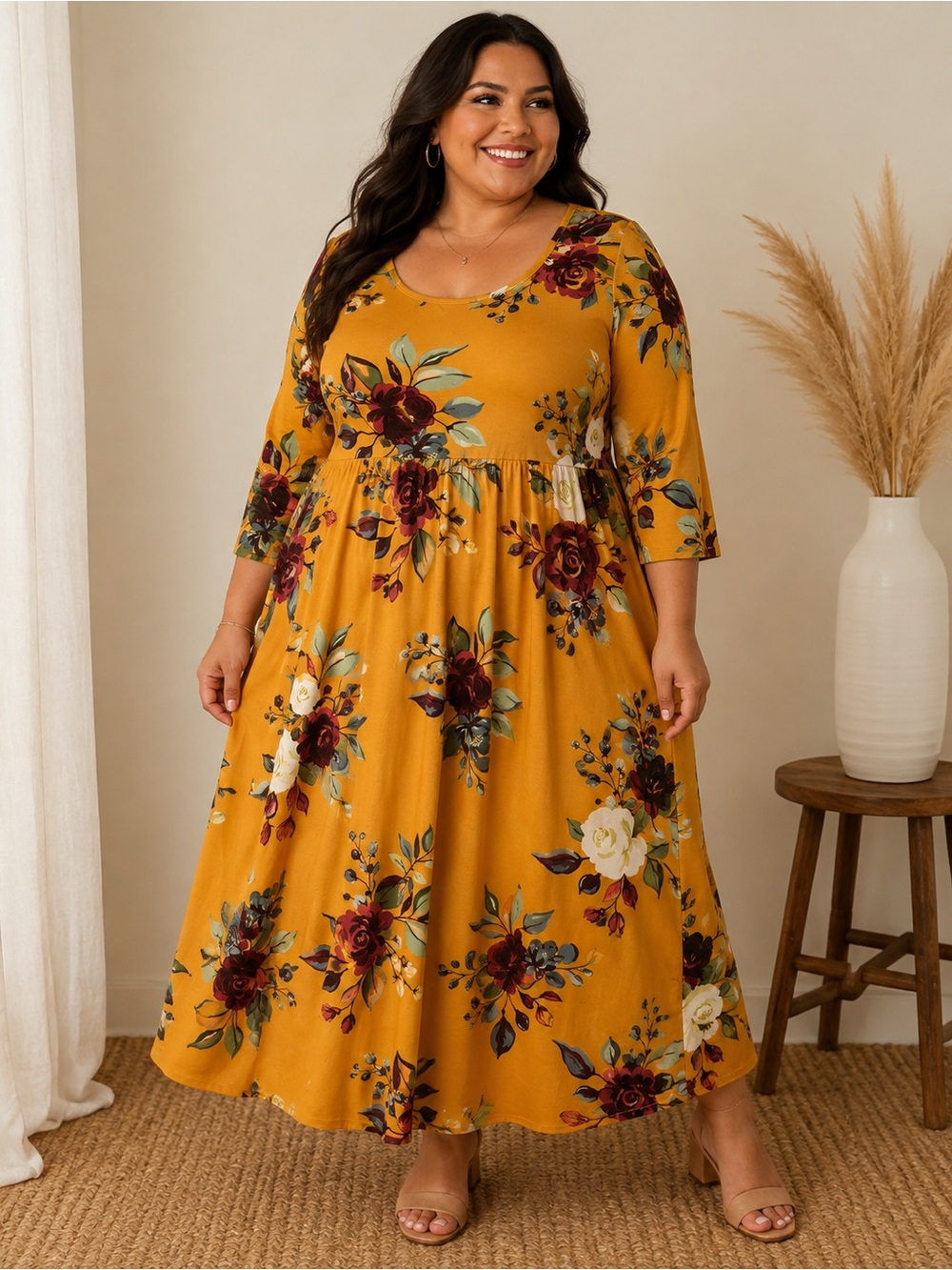 LULAROE Mustard Floral Long Sleeve Midi Dress Women’s size Large